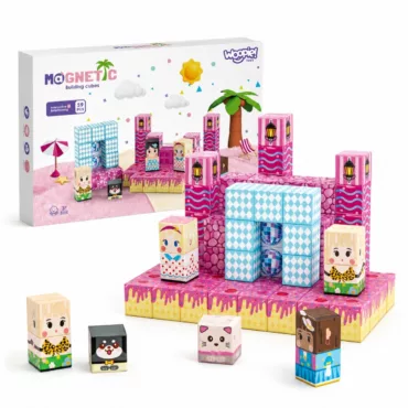 Магнитен конструктор Jolly с цветен град, герои и 59 кубчета на бял фон