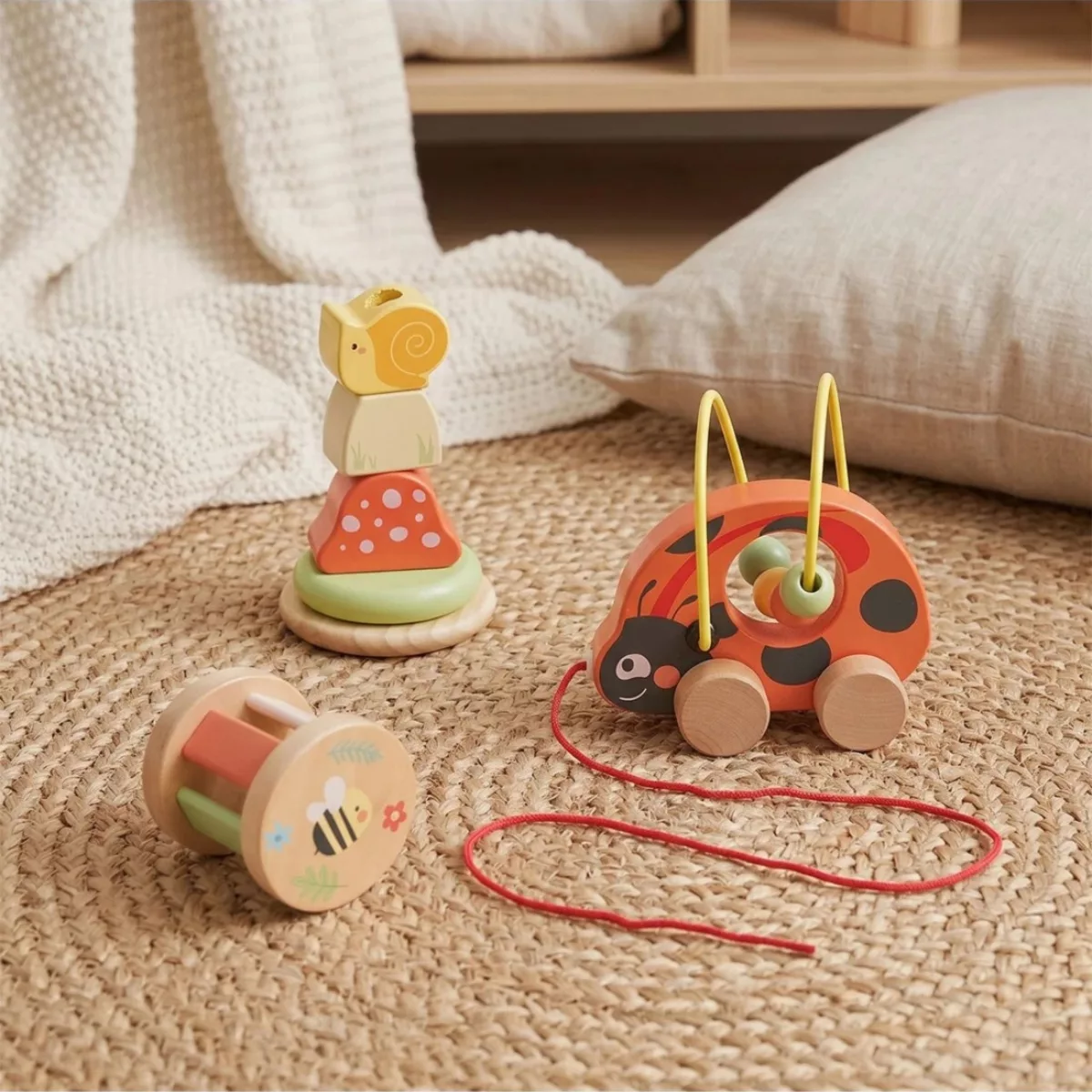 Дървен бебешки комплект Tooky Toy с червена калинка, низанка и дрънкалка върху плетен килим.