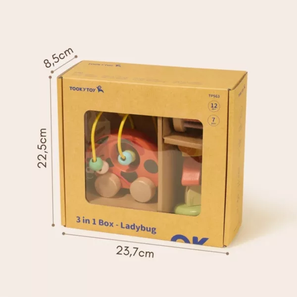 Кутия на дървения бебешки комплект Калинка Tooky Toy с обозначени размери 23,7х8,5х22,5 см.