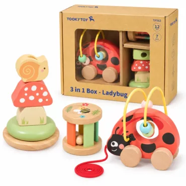 Дървен комплект Калинка Tooky Toy с три цветни играчки и кутия, подходящ от 12 месеца.