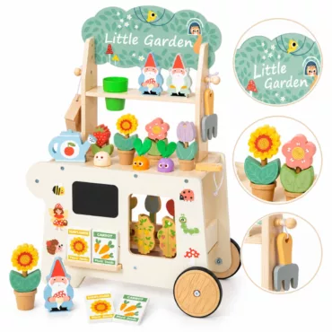 Дървена количка Малкият градинар Tooky Toy с цветни растения и близки детайли на аксесоарите.