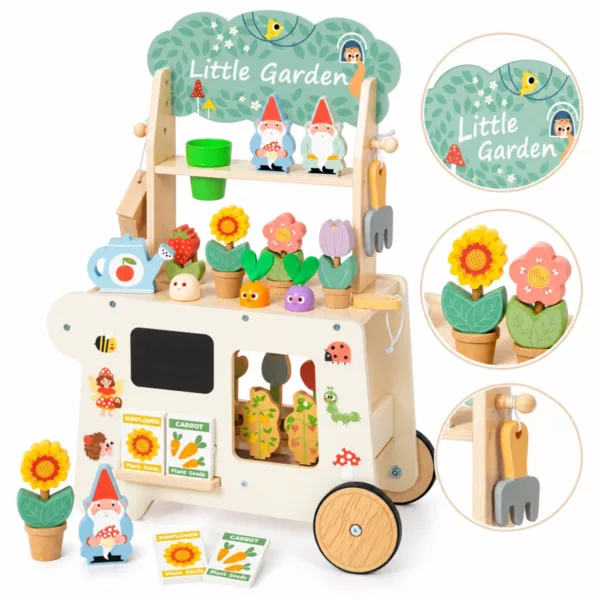 Дървена количка Малкият градинар Tooky Toy с цветни растения и близки детайли на аксесоарите.