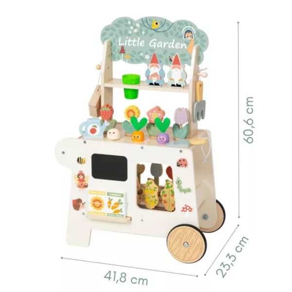 Дървена градинска количка Tooky Toy в бяло със зелена табела и размери 41,8х23,3х60,6 см.