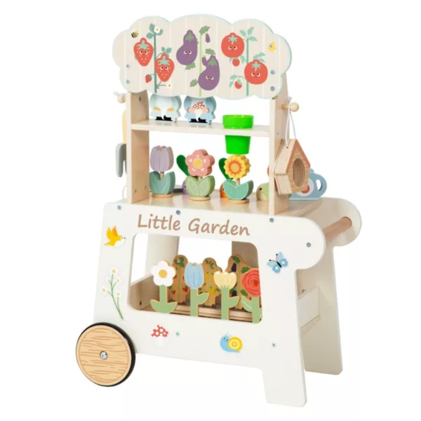Дървена количка за градински игри Tooky Toy с цветни лехи, рафтове и къщичка за птици.