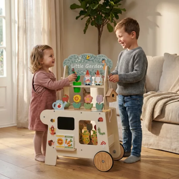 Две деца играят с дървената градинска количка Tooky Toy със зелена саксия и цветя.