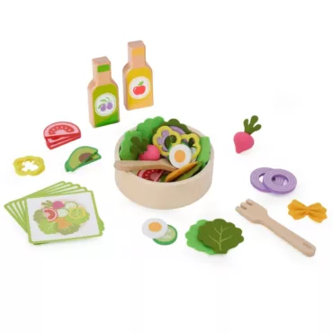 Приготвена дървена салата VIGA с купа, прибори и цветни съставки