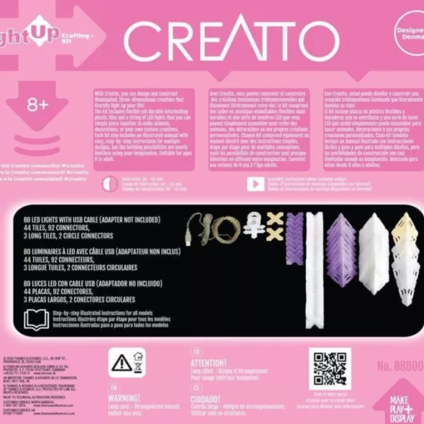 Гръб на кутията Creatto Еднорог с показани елементи, LED светлини и USB кабел.