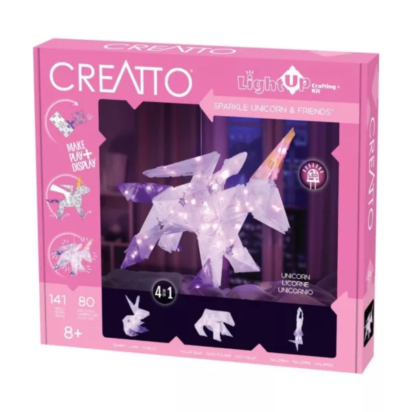 Розова кутия на конструктора Creatto Еднорог със 141 части и четири примерни фигури.