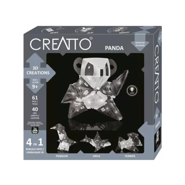 Кутия на конструктора Creatto Панда с 61 части и четири примерни модела на животни.