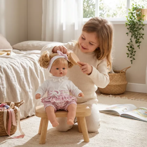 Момиченце разресва русата коса на кукла бебе Катрин Marina & Pau с дървена четка