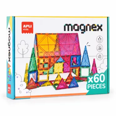 Магнитен конструктор APLI Kids MagneX в кутия с цветна сграда и обозначение за 60 части.