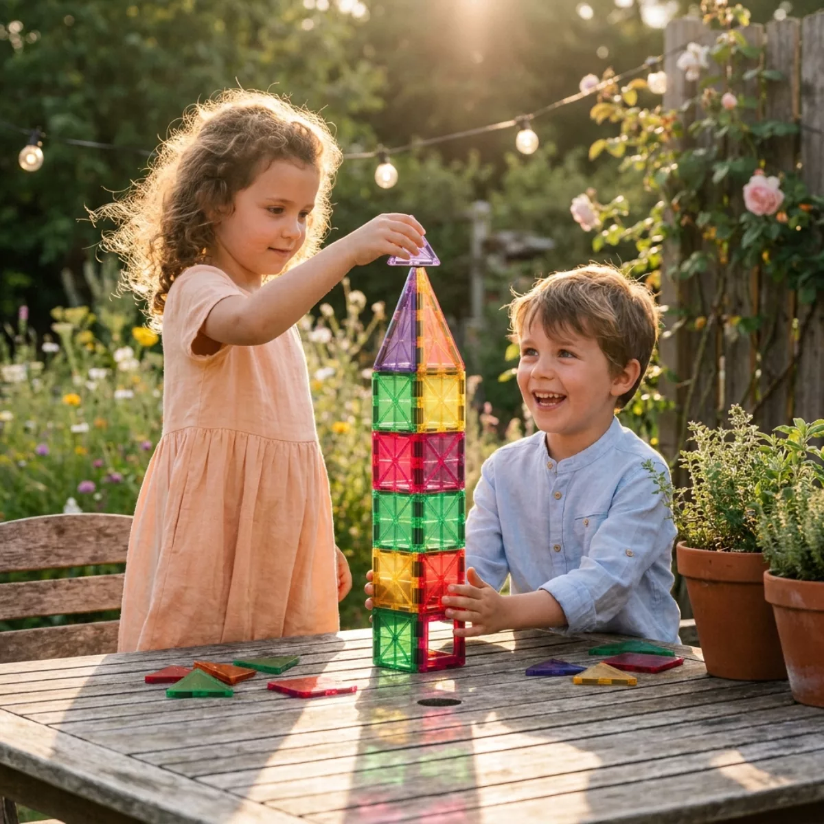 Две деца строят висока цветна кула в градината с магнитен конструктор APLI Kids MagneX.
