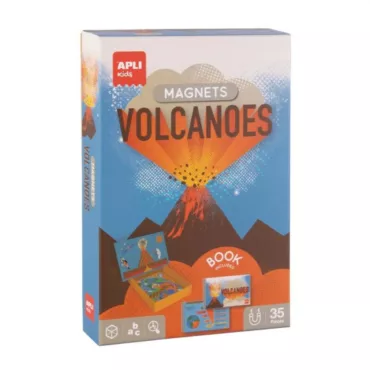 Магнитна игра Вулканите APLI Kids в синя кутия с изригващ вулкан и 35 части.