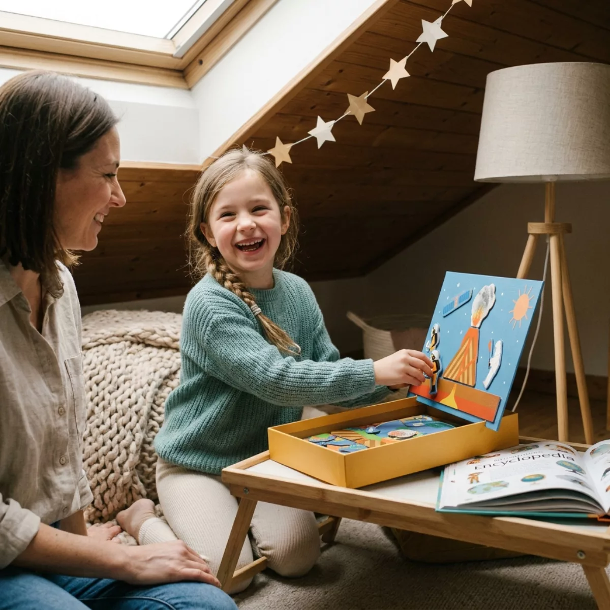 Момиче поставя магнит върху синьото табло на играта Вулканите APLI Kids до усмихната жена.