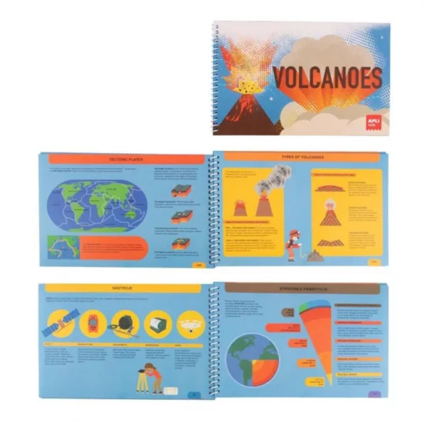 Илюстрована книжка към магнитната игра Вулканите APLI Kids с тектонични плочи, земни слоеве и инструменти.