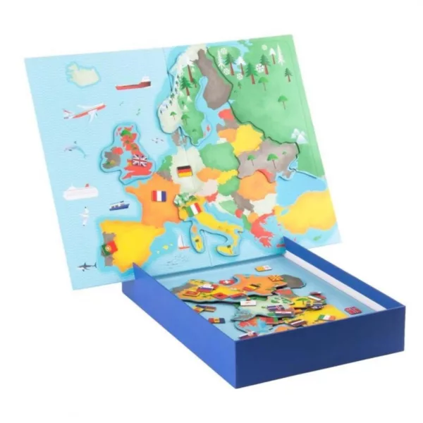 Отворена синя кутия с карта и магнити от играта Знамената на Европа APLI Kids.