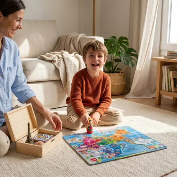 Момче и жена разглеждат магнитната карта-пъзел Европа APLI Kids сред сувенири от различни държави.