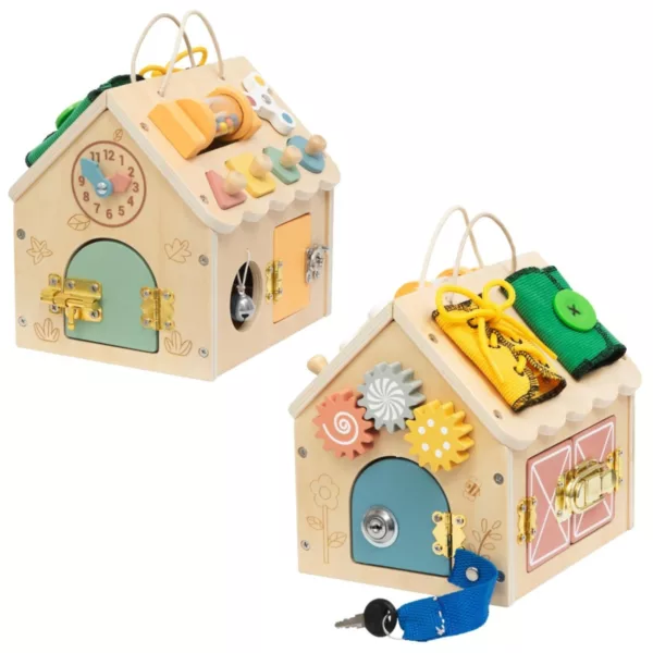 Монтесори дървена къщичка Tooky Toy от две страни с цветни вратички, ключалки и закопчалки.