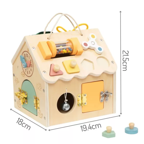 Дървена Монтесори къщичка Tooky Toy с цветен сортер и обозначени размери 19,4х18х21,5 см.