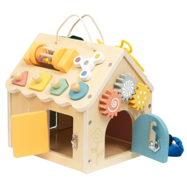 Занимателна дървена къщичка Tooky Toy с отворени жълта и синя вратичка и зъбни колела.