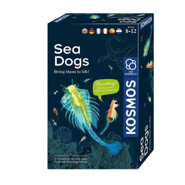 Кутия на научния комплект Морски кучета Thames & Kosmos с цветни изображения на ракообразни.