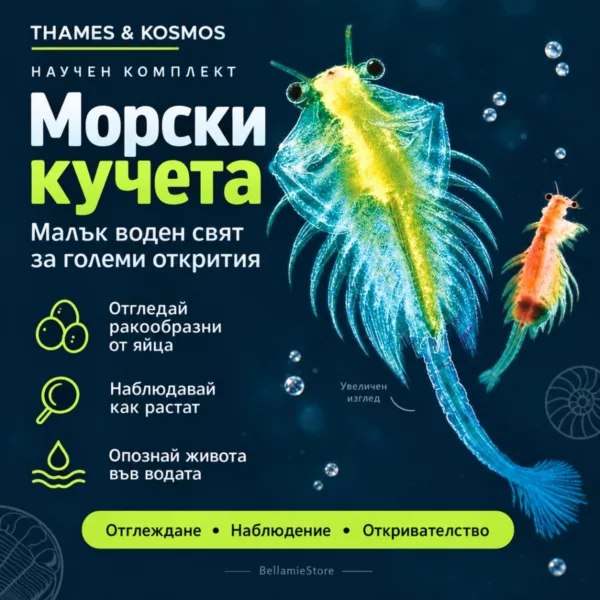 Банер за Морски кучета Thames & Kosmos с увеличени ракообразни и информация за отглеждането.