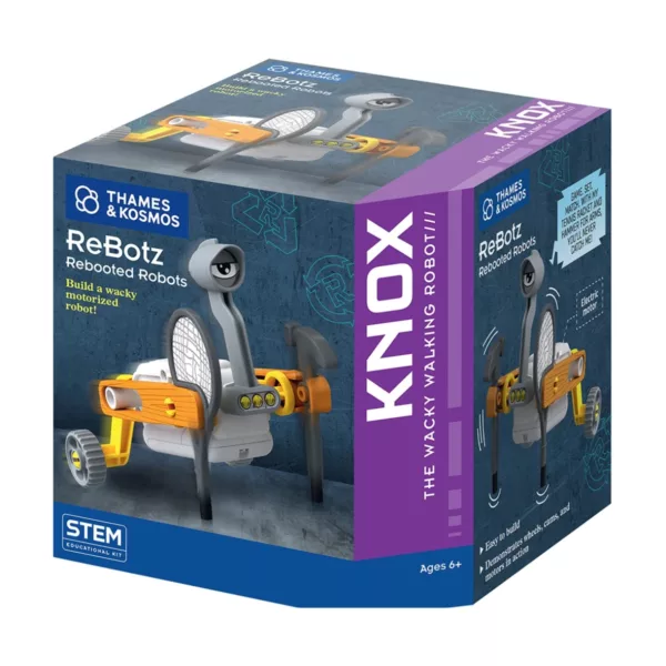 Кутия на робота за сглобяване ReBotz Knox Thames & Kosmos с показан завършен модел.