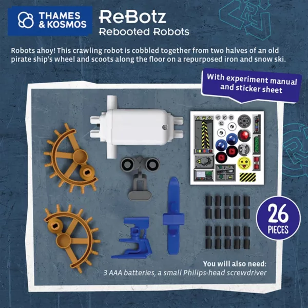 Гръб на кутията ReBotz Scootz с разглобени части на робота и лист със стикери.