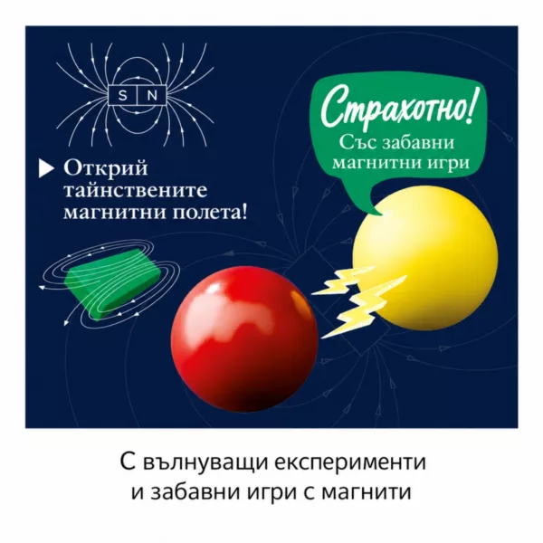 Магията на магнитите Kosmos – опити с червена и жълта магнитна сфера и магнитни полета