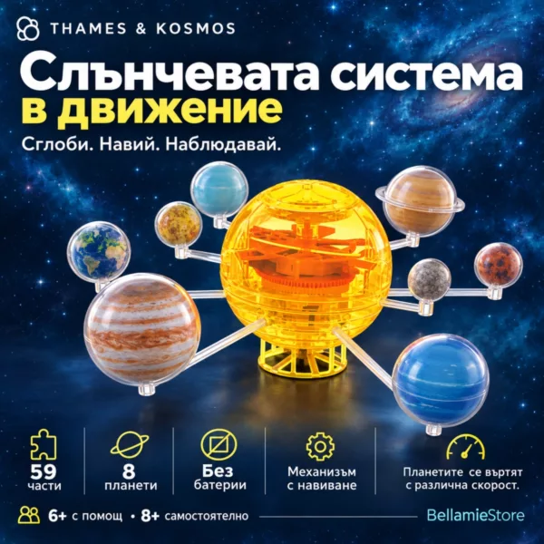 Инфографика за Слънчева система Thames & Kosmos с 59 части и механизъм с навиване.