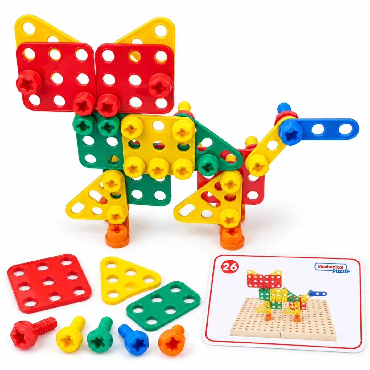STEM конструктор Masterkidz с цветен модел на котка, отделни форми, винтове и примерна карта.