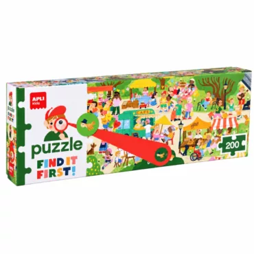 Кутия на пъзел-играта Намери пръв! На пазара APLI Kids с 200 части и пъстри сергии.