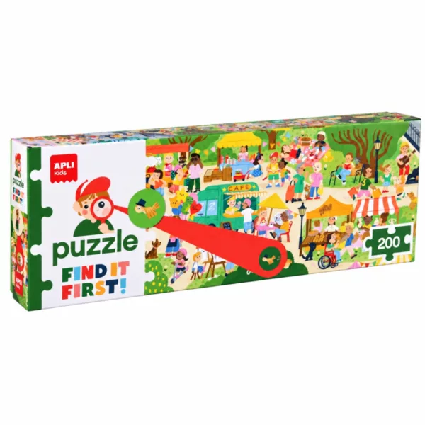 Кутия на пъзел-играта Намери пръв! На пазара APLI Kids с 200 части и пъстри сергии.