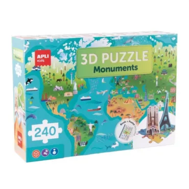 Кутия на детския пъзел Карта на света APLI Kids с 240 части и 3D забележителности