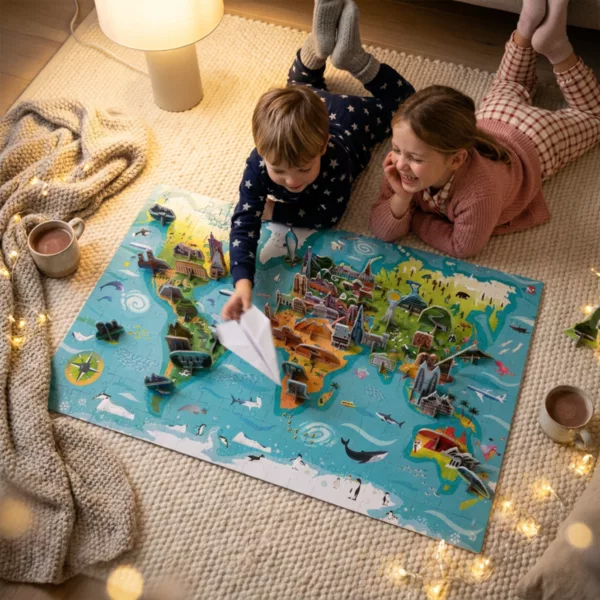 Две деца играят с хартиен самолет над пъзела Карта на света APLI Kids с изправени забележителности