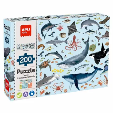 Кутия на образователния пъзел Застрашените животни в океана APLI Kids с 200 части.