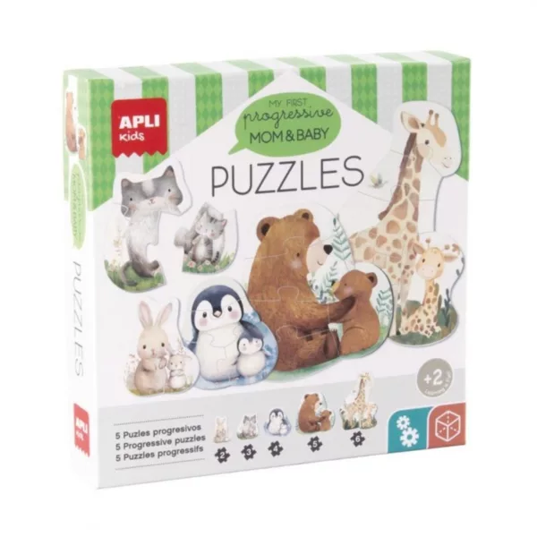 Кутия на прогресивния пъзел Мама и бебе APLI Kids с пет животински семейства.